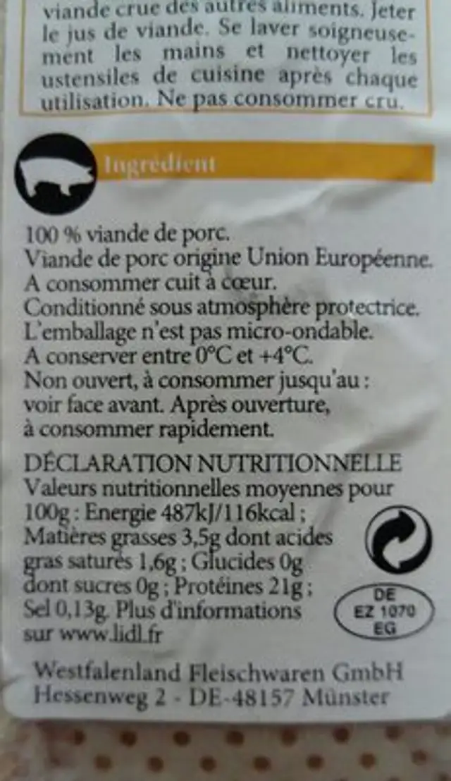 Filet mignon de porc ingredients label