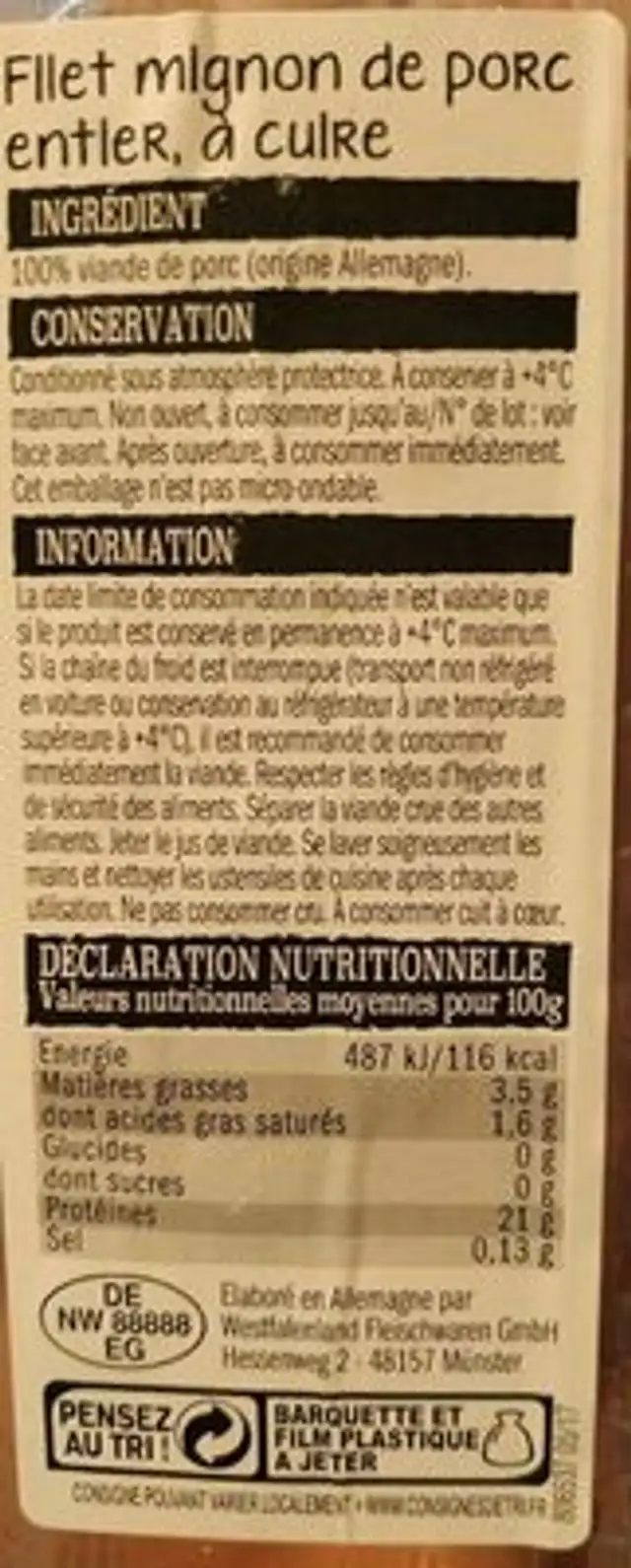 Filet Mignon de porc nutrition facts table