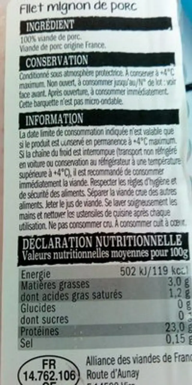 Filet Mignon ingredients label