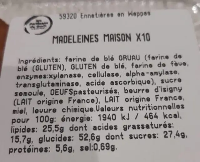 Madeleines maison nutrition facts table