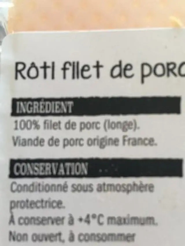 Roti filet de porc ingredients label