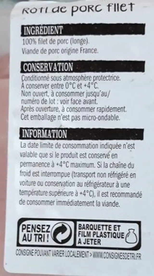 Rôti de porc ingredients label