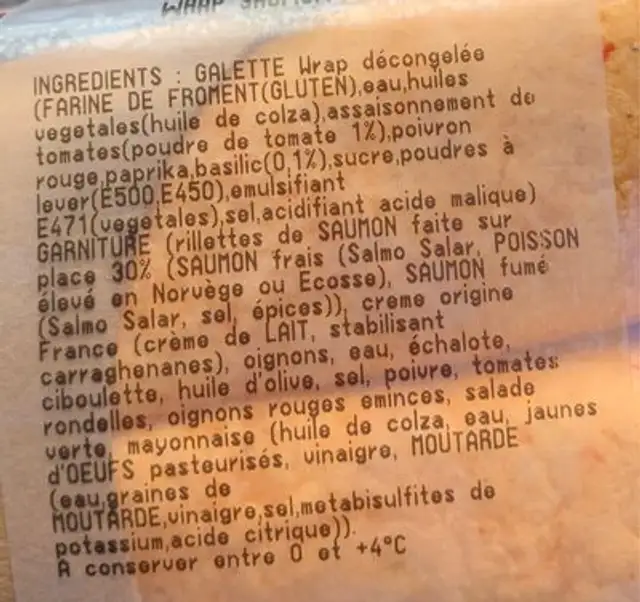 Wrap saumon ingredients label