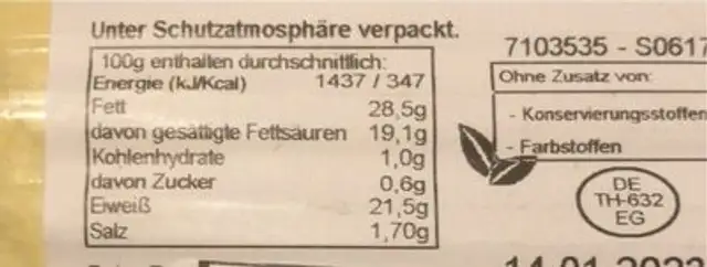 Butterkäse nutrition facts table