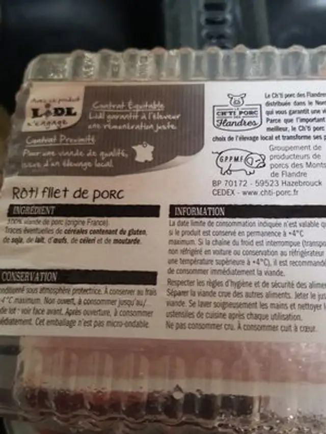 Rôti de porc ingredients label