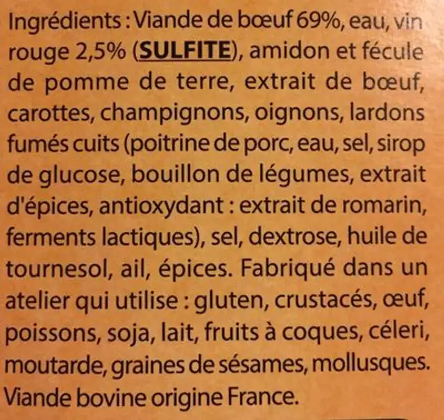 Paleron de boeuf fondant et son jus à la vigneronne ingredients label