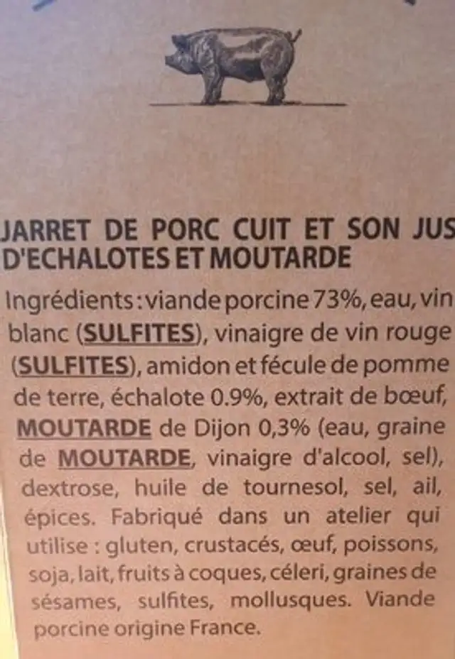 Jarret de porc Désossé ingredients label