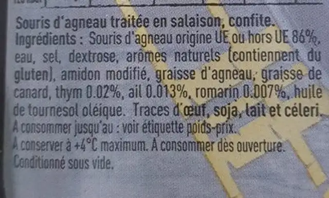 Souris d'agneau confite ingredients label