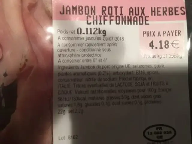 Jambon cuit aux herbes ingredients label
