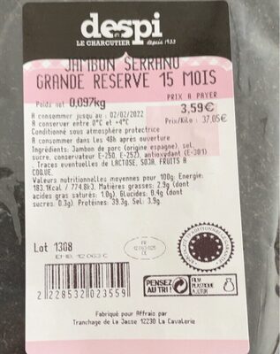 Jambon serrano grande reserve 15 mois