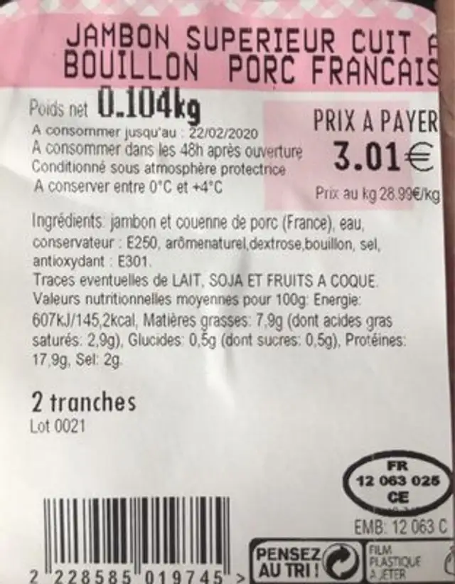 Jambon superieur cuit au bouillon Porc francais nutrition facts table