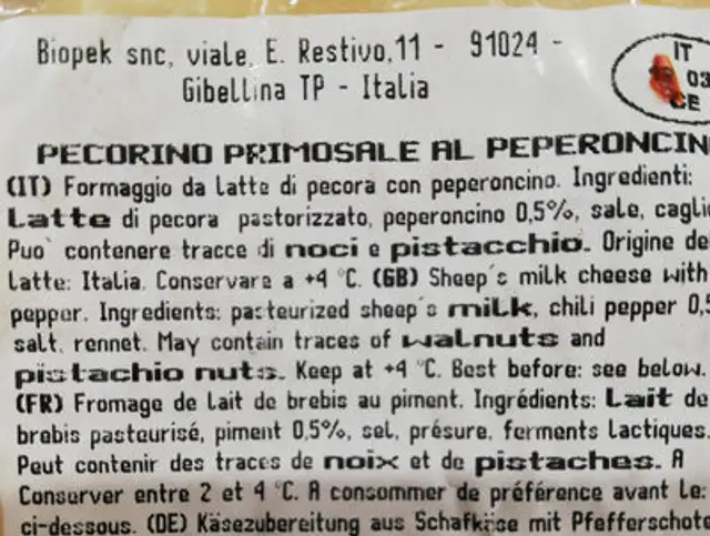 pecorino primo sale al peperoncino ingredients label
