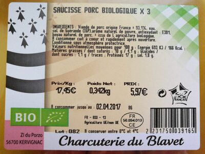 Saucisse porc biologique