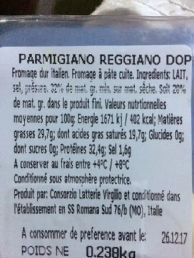 Parmigiano Regiano 24M ingredients label