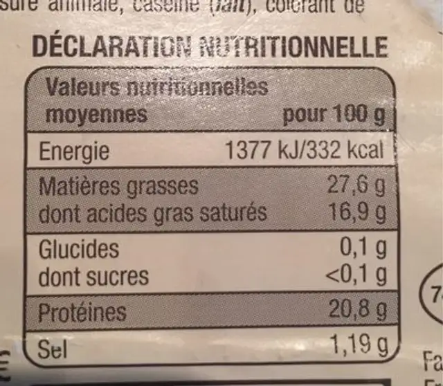 Reblochon de Savoie nutrition facts table
