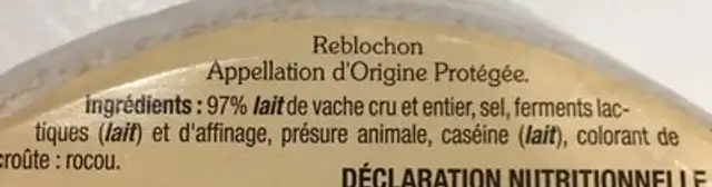 Reblochon de Savoie ingredients label