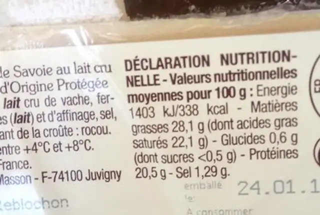 Reblochon ingredients label