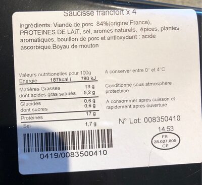 Saucisses de Francfort nutrition facts table
