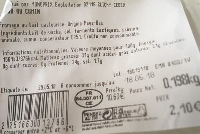 Gouda au cumin ingredients label