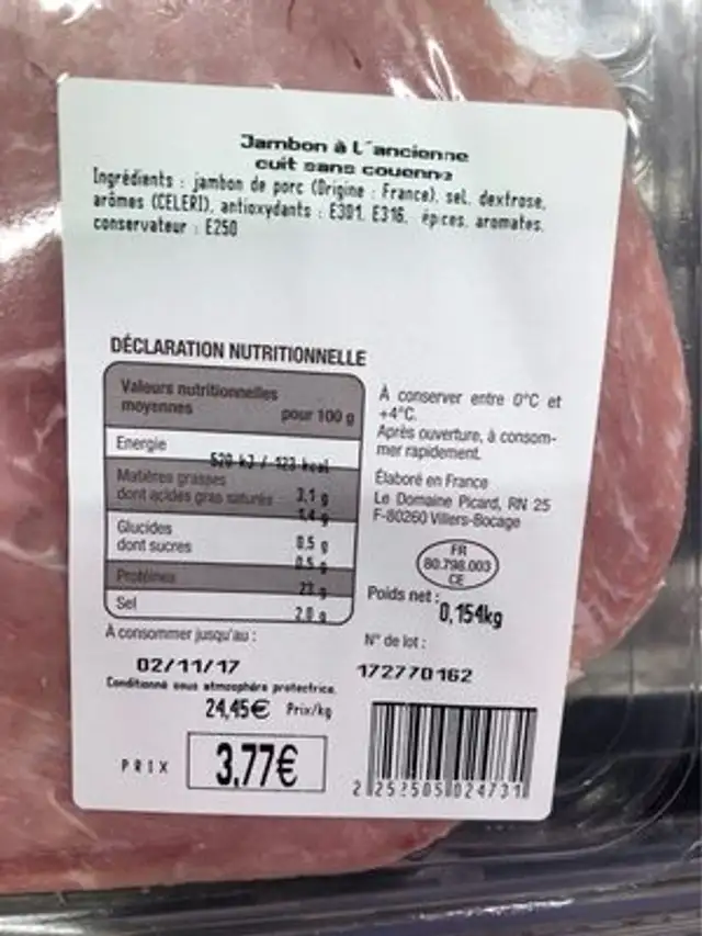 Jambon à l’ancienne nutrition facts table