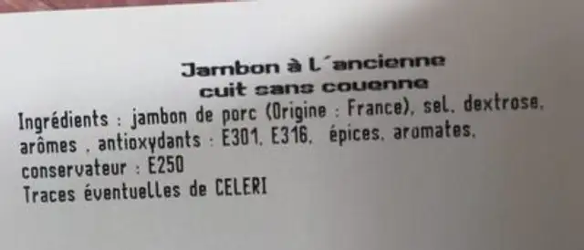 Jambon à l'ancienne ingredients label