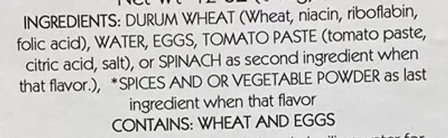 Egg Vermicelli ingredients label