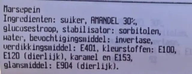 Marsepein varken ingredients label