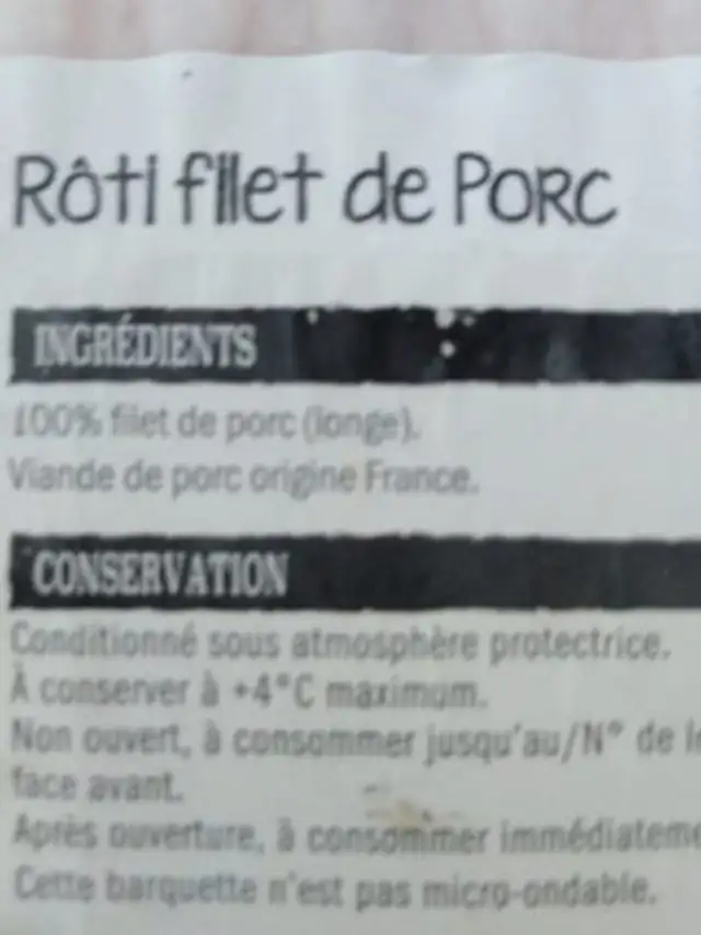 Rôti de porc ingredients label