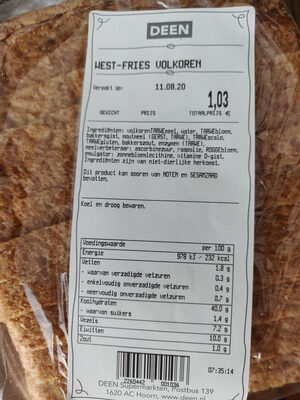 West fries ovenvers nutrition facts table