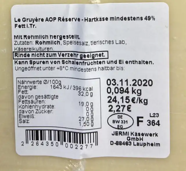 Le Gruyere Käse ingredients label