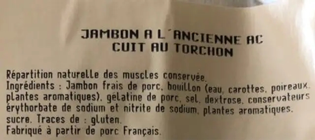 Jambon a l'ancienne Tallec ingredients label