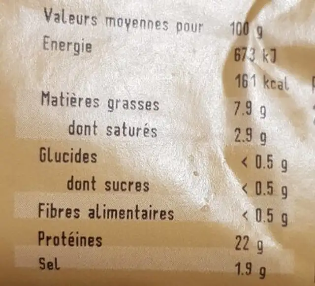 Jambon a l'ancienne nutrition facts table