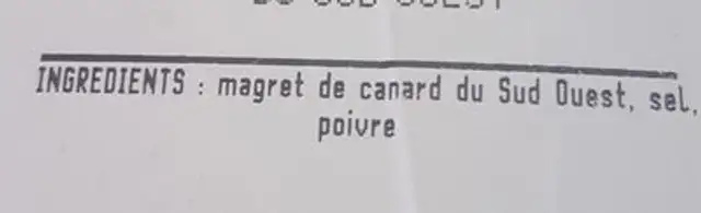 Rôti de magret de canard ingredients label