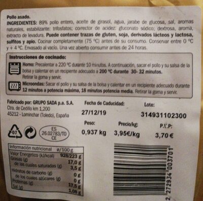Pollo asado tradicional nutrition facts table