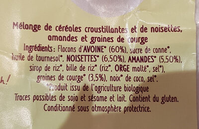 muesli croustillant noisettes & amandes ingredients label