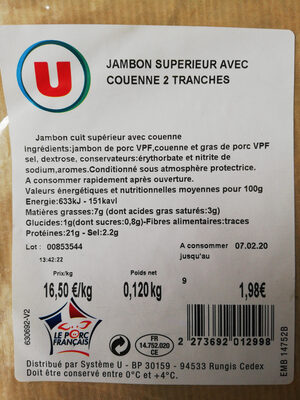 Jambon supérieur avec couenne 2 tranches ingredients label