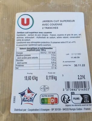 Jambon cuit supérieur avec couenne 2 tranches