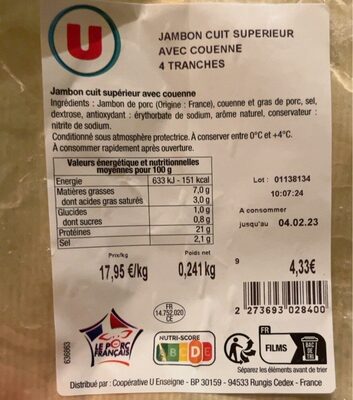 Jambon cuit supérieur avec couenne 4 tranches