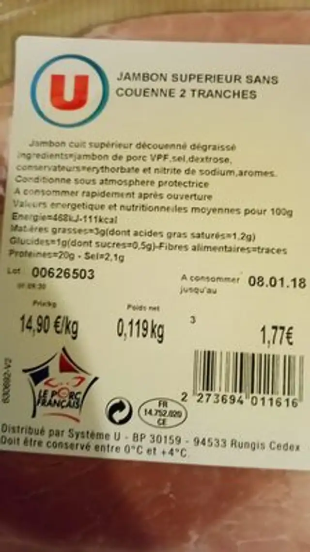 Jambon supérieur sans couenne 2 tranches ingredients label