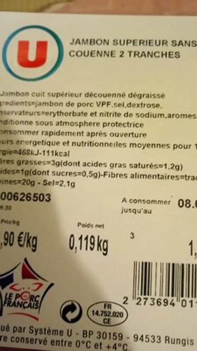 Jambon supérieur sans couenne 2 tranches nutrition facts table
