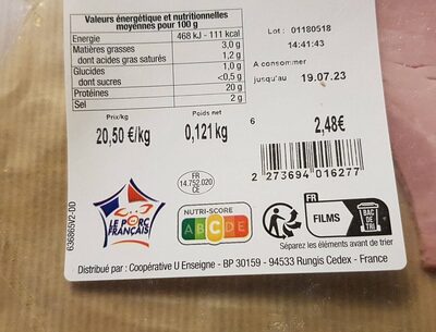 Jambon cuit supérieure sans couenne front packaging