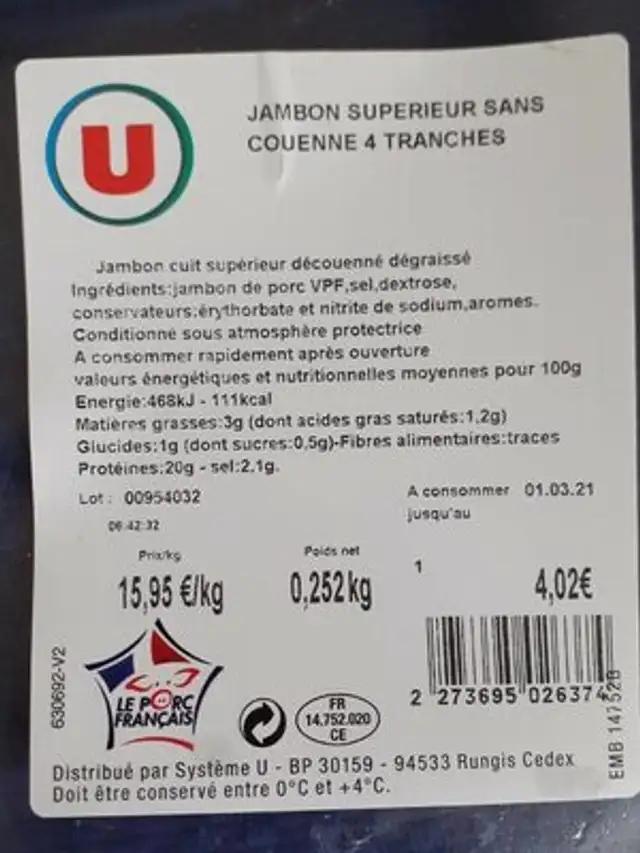 Jambons nutrition facts table