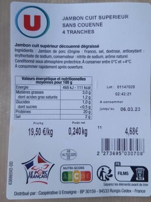 Jambon cuit supérieur sans couenne 4 tranches front packaging