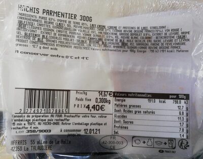 Hachis Parmentier Grand Frais nutrition facts table