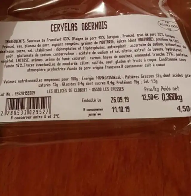 Cervelas obernois nutrition facts table