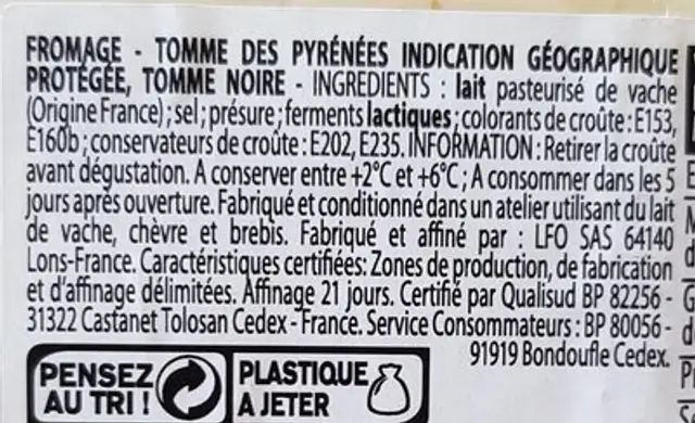 Tomme des Pyrénées ingredients label