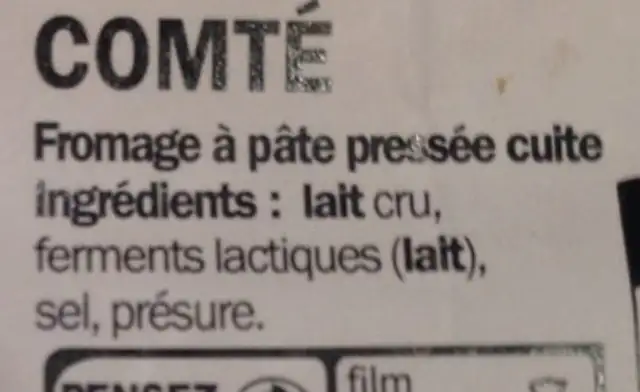 Comté bio ingredients label