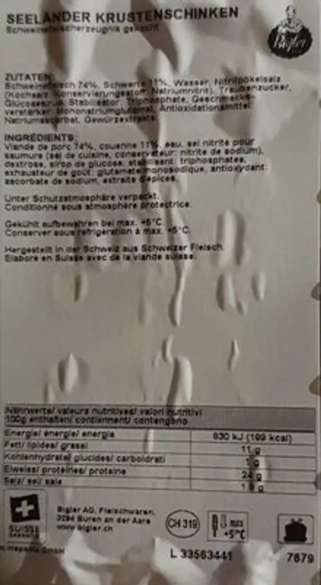 Jambon braisé du Seeland en tranches nutrition facts table