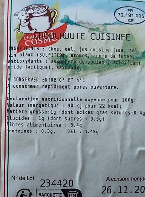 Choucroute cuisinée nutrition facts table