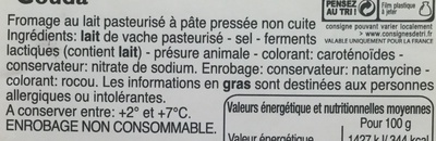 Gouda (28% MG) ingredients label